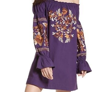 Free People Fleur Du Jour Dress Womens XS Boho Embroidered Off Shoulder Cotton‎